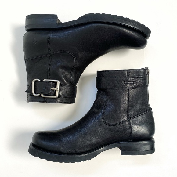 FRYE Veronica black leather silver buckle top detail flat short ankle boots - Picture 3 of 11